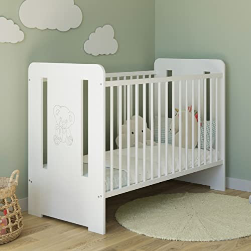 Kids Collective Babybett Gitterbett mit Teddy Gravur 60x120 höhenverstellbar | herausnehmbare Sprossen weiß rosa Mädchen Made in Europe | von Geburt bis 3. Lebensjahr