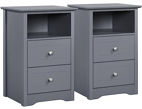 Yaheetech Bedside Tables Set of 2, Wooden Nightstand with 2 Storage Drawers, Open Compartment, Sturdy Modern Cabinet for Bedroom, Living Room, 35x40x60 cm, Grey