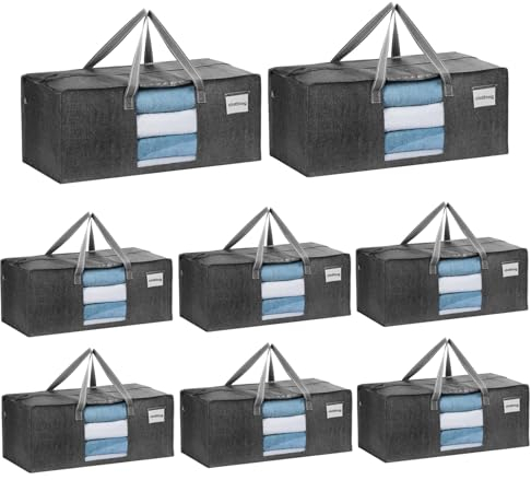 VENO 87 Litre Extra Large Moving Bags with Strong Handles and Zippers, Foldable Storage Bag, Clothes Storage, Laundry Bags for Moving, Travel, Camping (Grey Window, Pack of 8)