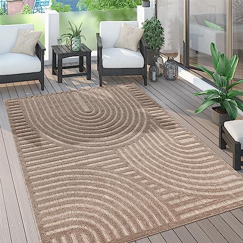 Paco Home Outdoor Teppich wetterfest & langlebig Moderne Boho-Designs mit 3D-Effekt Skandi-Look UV-beständig & robust für Balkon, Garten, Wohnzimmer & Küche, Grösse:240x340 cm, Farbe:Beige 4