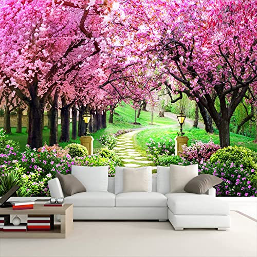 GIVLWF Modern Flower Romantic Wallpaper Mural, Cherry Blossom Tree Small Road Wallpaper, Wall Mural Art for Restaurant Cafe Room Home Decoration 350 x 256 cm