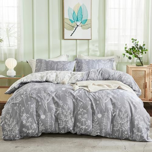 Herside Gray Plants Duvet Cover Set Single Botanical Bedding Light Grey White Plants Branches Reversible Design Country Style Bedding Set 1 Duvet Cover 1 Pillowcase (Light Grey, Single)