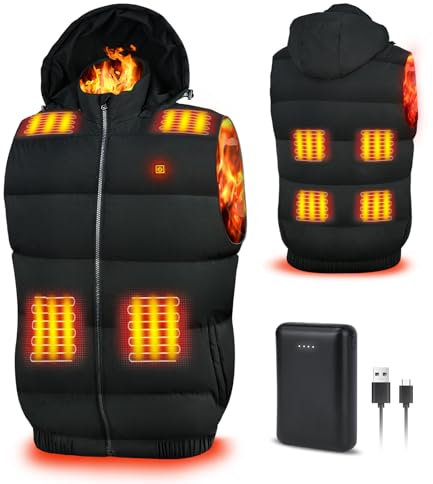 Faxpot Gilet Chauffant pour Hommes et Femmes avec Power Bank, Veste Électrique Chauffante sans Manches avec 3 Niveaux de température, Gilet Chauffant Lavable avec Capuche Amovible, 806-3XL