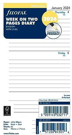 Filofax Kalender-Tagebuch-Nachfüllung, persönliche/kompakte Größe, Wochenansicht, weißes Papier, liniert, Englisch, 2024 (C68418-24)