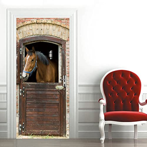 3D Türaufkleber Braunes Pferd Türtapete selbstklebend TürPoster - Fototapete Türfolie Poster Tapete Aufkleber DIY Wandbild B100 x H200cm