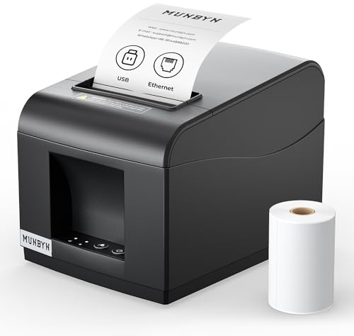 MUNBYN POS Impresora de Recibos, 80mm USB Impresora térmica con Soporte de Caja registradora, con Cortador automático, Interfaz USB Ethernet Windows/Android/Mac/Linux