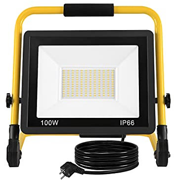 JNGLGO LED Baustrahler 100W 8500LM, LED Arbeitsleuchte mit Faltbarer Ständer, 3m Kabel mit Stecker, Wasserdicht IP66 Baustellenlampe für Werkstatt Baustelle Garage, Kaltweiß