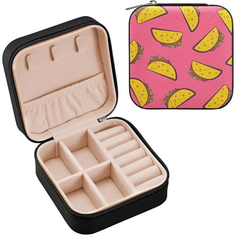 Schmuckkästchen für Damen, PU-Leder, Reise-Schmuckkästchen für Ringe, Ohrringe, Halsketten, Uhren, Geschenke für Mädchen, Damen, Damen, buntes Taco-Muster, niedliches Cartoon-mexikanisches