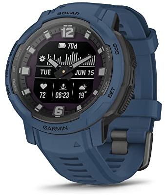 Garmin Instinct Crossover Solar, Rugged Hybrid Smartwatch with Solar Charging Capabilities, Analog Hands and Digital Display, Tidal Blue (Renewed)