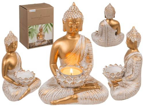 Out of the blue Deko-Figur, Buddha, mit Teelichthalter, ca. 13,5 x 9 x 19,5 cm, aus Polyresin, in Geschenkverpackung, Golden