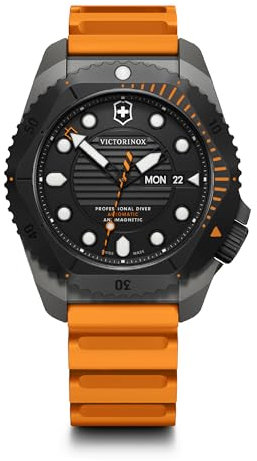 Victorinox Herren Armbanduhr Dive Pro Automatic Ø 43 mm, Swiss Made, Automatik, Wasserdicht bis 300 m, Saphirglas, Kautschuk-Armband, Orange