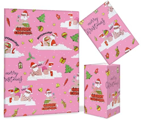 Lustiges rosa Weihnachtsmann-Geschenkpapier, 4 Blatt Weihnachtspapier, für Männer, Frauen, Kinder, Jungen, Großvater, einzigartiges Weihnachtsdekorpapier für Weihnachten im Juli, Weihnachten