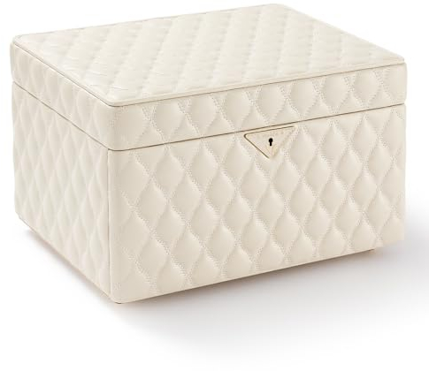 Vee Schmuckkästchen,Schmuckkasten Diamant gestepptes Leder Schmuckbox,Schmuckaufbewahrung mit großer Spiegel,viel Stauraum,abschließbar,Geschenkidee(Beige, Mittel-30 * 21.8 * 17.7cm)