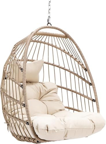 Hängesessel mit Kissen Faltbar, Max. Belastung 150kg, Hängesessel Outdoor mit Gestell Körbe, Hängesessel Stabiler Rattan für Garten, Indoor & Outdoor, Terrasse (Korb Beige&Cream Kissen)