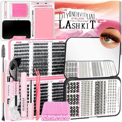 QUKLOGEN DIY Fluffy Lash Extension Kit 802Pcs D Curl 4 styles Individual Eyelash with Bottom Clusters Lash Bond and Seal,Quick Glue Remover Tweezers Eyelash Brush Mini Applicator (LASH002)