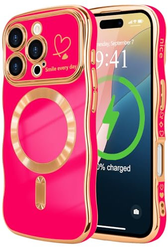 LCHULLE Cover magnetica per iPhone 16 Pro Max Custodia [Compatibile con Magsafe] cuore forma di ricciolo ondulato Cover Protezione Fotocamera galvanizzato Custodia per iPhone 16 Pro Max Rosa rossa