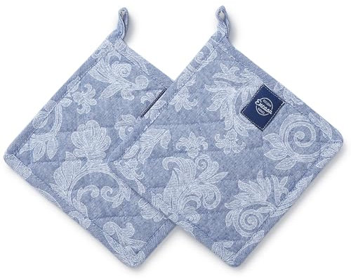 Encasa XO Topflappen für die Küche | Baumwolle Mikrowelle Heiße Utensilien Halter | 21 cm | Hitzebeständig, Gepolstert, Mit Aufhängeschlaufe | Zum Kochen & Backen | 2er Set | Blau