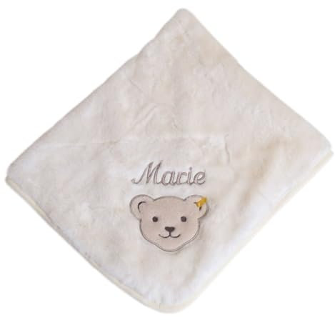Steiff Babydecke Plüsch mit Ihrem Wunsch-Namen Bestickt cremeweiß 90 cm x 60 cm als Namensdecke personalisierte Webpelz Decke mit Teddy-Applikation eggnogg