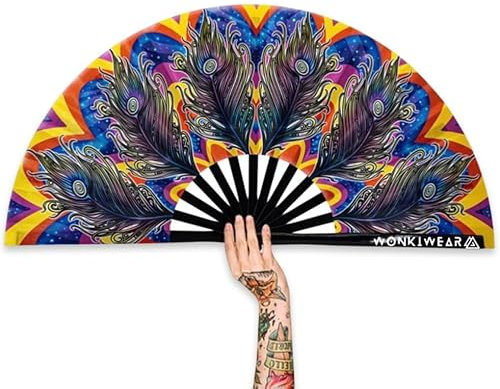 WONKIWEAR Fan, Folding Handheld, Silky Fabric, Carnival Feathers Graphics, Large Strong Black Bamboo. Unisex for Rave, Festival, Concert, Drag, Gay Pride (Carnival Silky, Large)