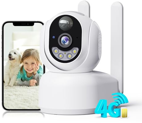 PESAIR 4G LTE Cámara de Vigilancia Interior con Tarjeta SIM, 2K 360° PTZ IP Cámara de Seguridad Inalámbrica con Batería Recargable, Visión Nocturna a Color, Detección de PIR, Audio Bidireccional, IP66