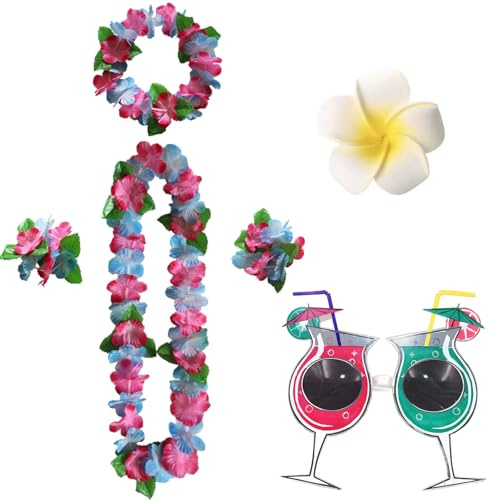 MUNSKT 6 Pcs Hawaiian Wreath Set, Cocktail Shape Sunglasses + Tropical Garland Accessories + Hair Clip, for Photos, Summer Garden Dances, Beach Party