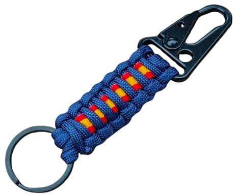 Llavero de ESPAÑA de paracord 550 (249kg) tipo lll con mosquetón, modelo BASIC, muy util en supervivencia, desmontable, resitente y hecho a mano por 21 Steps. (AZUL MARINO)