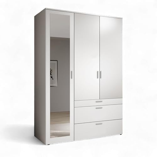 Stella Trading VESALA Kleiderschrank mit Spiegeltür in Weiß - Vielseitiger Drehtürenschrank 3-türig für Ihr Schlafzimmer - 135 x 195 x 56 cm (B/H/T)