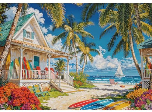 Sutinban Jigsaw Puzzle 500 Piece Tropical Seaside Beach House Scene Puzzles for Adults Jigsaws Challenging Game with 1:1 Poster, Beautiful Decoration Puzzle