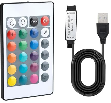 5V 24 Key IR Remote Controller for 5050 2835 RGB LED Light Strips USB Inline, DC 5V Led Strip Remote 1m USB Powered,16 Colors, 5 Light Modes, Flash, Strobe, Fade, RGB Smooth, Static for Home Lighting