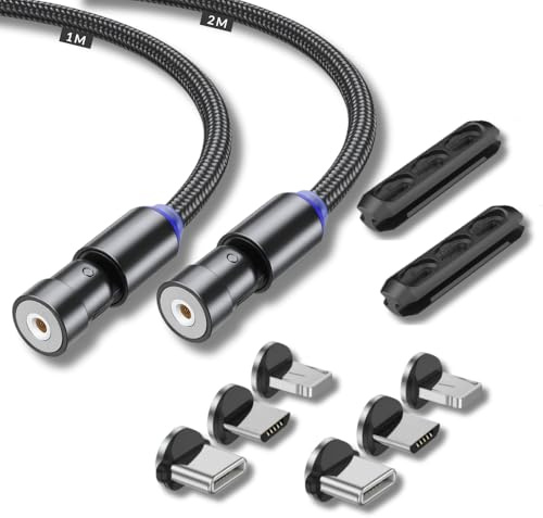 JMF Tech Magnetic Charging Cable 3 in 1 Magnet USB Cable 360 ° + 180 ° Rotating Charging Cable 2.4A 1M/2M Nylon Braided Magnetic Compatible with Micro USB,Type C/USB C, (Black (2 Pack, 1M / 2M))