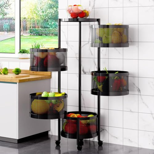 Rollwagen Metall Servierwagen Mit Rollen, 5 Ebenen Rund Küchenregal Organizer, Küchenrollwagen Gemüse Regal Küchenwagen Badezimmer Regal Aufbewahrungswagen Für Küche, Bad (90 x ø30 Cm, Schwarz)