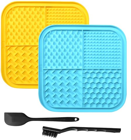 Schleckmatte Hund Leckmatte Hund Slow Feeder Hunde Schleckmatte Katze Leckmatte Katze Katzen Schleckmatte Licky Mats for Dogs mit Saugkraft Spatel und Bürste für Baden Training und Fellpflege 2 Stück