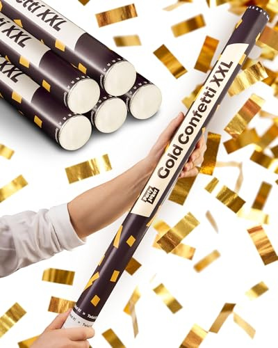 Partyjoker 5er Konfettikanone Gold XXL – extra groß – Konfetti Party Popper | Besonders viel Füllmenge, einfach & sicher zu bedienen, 5-8 Meter Wurfweite, für drinnen & draußen, Geburtstag & Feier