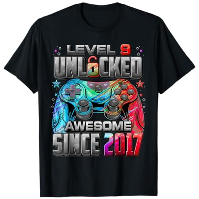 Level 9 Unlocked Awesome Since 2017 9th Birthday Boy Gamer T-Shirt