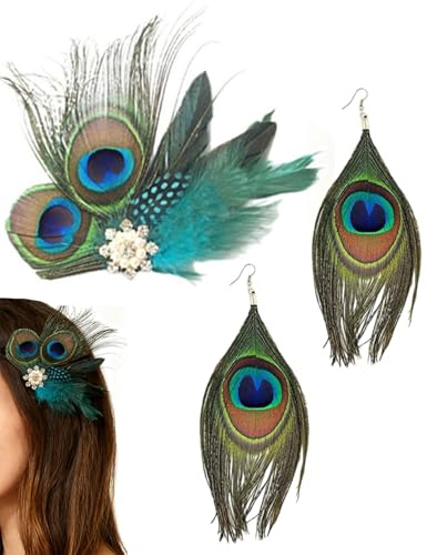 ZAMXHUG 1 pièce Accessoires pour cheveux en plumes de paon avec Boucles d'oreilles, costume de paon,serre-tête en plumes, accessoires pour femme, années 20, barrette à cheveux, carnaval, Halloween