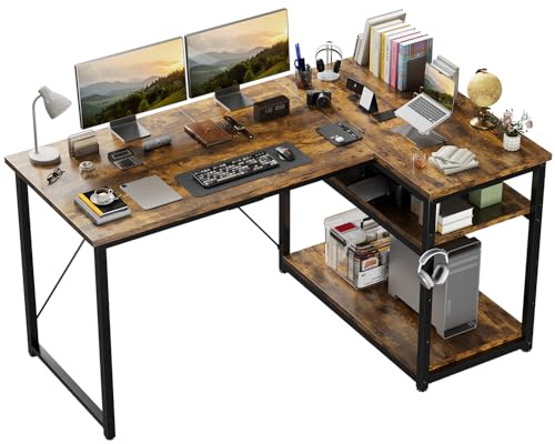 JUMMICO Scrivania Angolare a L 140x80 cm Design Moderno Marrone | per Computer con Ripiani e Divisori - Compatta per Studio, Lavoro e Gaming, Ideale per Camera da Letto e Ufficio