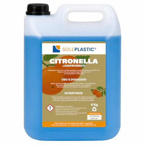 Detesivo Pavimenti 5 Litri PROFUMAZIONE (CITRONELLA) - Sgrassante Multiuso per Superfici Dure - Senza Risciacquo - Adatto a Gres, Marmo, Parquet e Altro - Uso Domestico e Ho.Re.Ca