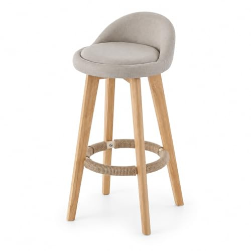 Taburete Alto de Cocina con Respaldo, Silla Alta Tapizada en Tela Beige, Patas de Madera Natural y Reposapiés de Cuerda, Estilo Nórdico para Isla, Barra Americana, Cocina y Comedor, Acolchado, 73cm