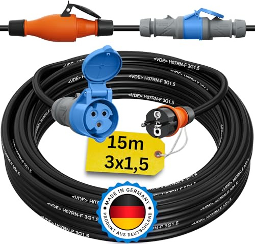 Schuko auf CEE Adapter 15m Camping Stromkabel H07RN-F 3x1,5 Landstromkabel Wohnmobil Wohnwagen Kabel Camping Adapter 15 Meter Strom Verlängerungskabel CEE-Stecker Campingstecker