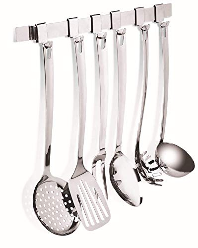 Lagostina Grancucina Set Mestoli Cucina con Barra Appendimestoli, 7 Pezzi, Acciaio Inox 18/10 , con Schiumarola, Paletta, Forchettone, Cucchiaione, Servispaghetti, Mestolo e Barra con 6 Ganci