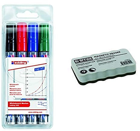 edding 4-250-4 Boardmarker 250, nachfüllbar, 1,5 - 3 mm, sortiert, Etui mit 4 Stück & Bi-Office Whiteboardlöscher, magnetisch