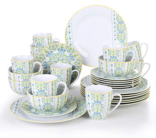 VEWEET Geschirrset 8 Personen, 32-tlg. Porzellan Tafelservice, Boho Kombiservice mit Speisetellern, Desserttellern, Müslischalen und Kaffeebechern, Spülmaschinen- & Mikrowellengeeignet, Serie MAGDA