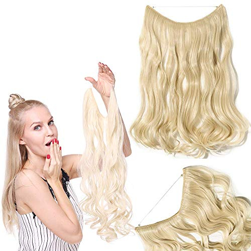 Silk-co Haarverlängerung mit Gummiband, Einstellbar Secrets Haarteil Synthetik, Extensions mit Schnur unsichtbar, Gewellt Extensions für Frauen, Bleichblond, 50cm