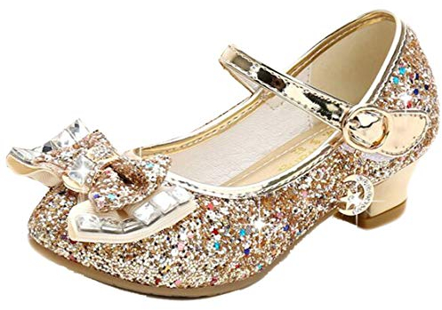 Mama Stadt Prinzessin Glitzer Schuhe Mädchen Stöckelschuhe Pailletten Cosplay Schuhe für Partys Hochzeiten Klett Sandalen Elegante mit Absatz, Golden/ 30