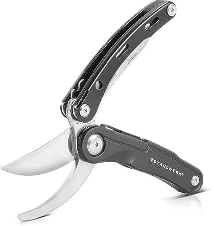 STAHLWERK Multitool avec 5 outils, couteau de poche/couteau pliant/outil multifonctionnel de haute qualité avec sécateur, scie, couteau, coupe-racines et ?illet