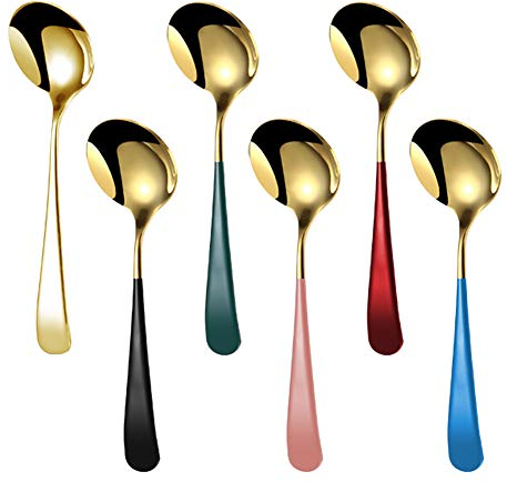 HKTOPCNE 6 Stück Edelstahl-Suppenlöffel mit buntem Griff, elegante Lebenszeit, Abendessenlöffel (gold)