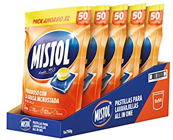 Mistol All In One - 250UDS Pastillas Lavavajillas con Potencia Desengrasante Avanzada, Brillo Intenso y Disolución Rápida, Protección Total y Cero Residuos - Limpieza Eficaz y Responsable