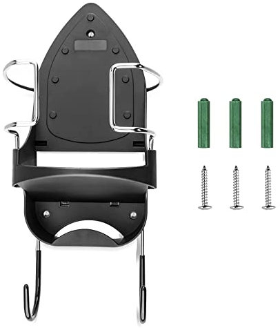 DOUBLE 2 C Iron Board Hanger Wall Mount Electric Iron Holder Iron and Ironing Board Storage Organizer Shelf with Removable Hooks for Household Bathroom Laundry Room (Black)