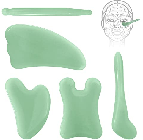 Gua Sha Set, 5PCS Gua Sha Gesichtsbehandlung mit Jade Stein,Gua Sha Massage Gua Sha Facial Tools Stein Massagewerkzeug set für SPA Hautpflege,Face Yoga,Körpermuskulatur Entspannend Entlastend(Grün)