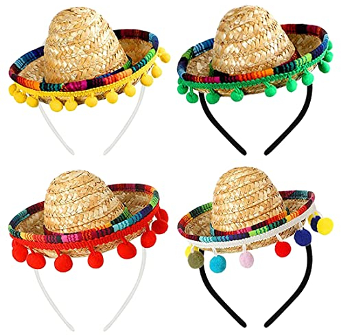 Gukasxi 4 Stück Mini Mexikanische Sombrero Hüte, Cinco De Mayo Fiesta Fabric and Straw Sombrero Headbands, Mini Fun Fiesta Strohhut, für Fiesta Karneval Sommer Mexikanischen Thema Party Party Favors